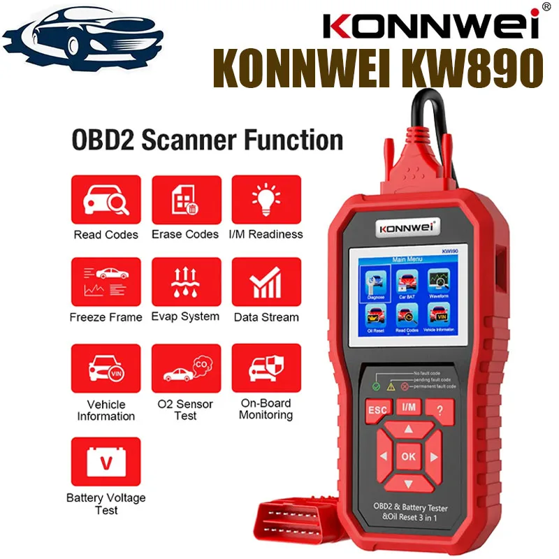 Konnwei Kw890 Oil Reset Obd2 Scanner Car Professional Battery Tester Analyzer Controllo Motore Lettore Di Codici Automobilistico Strumento Di Diagnosi