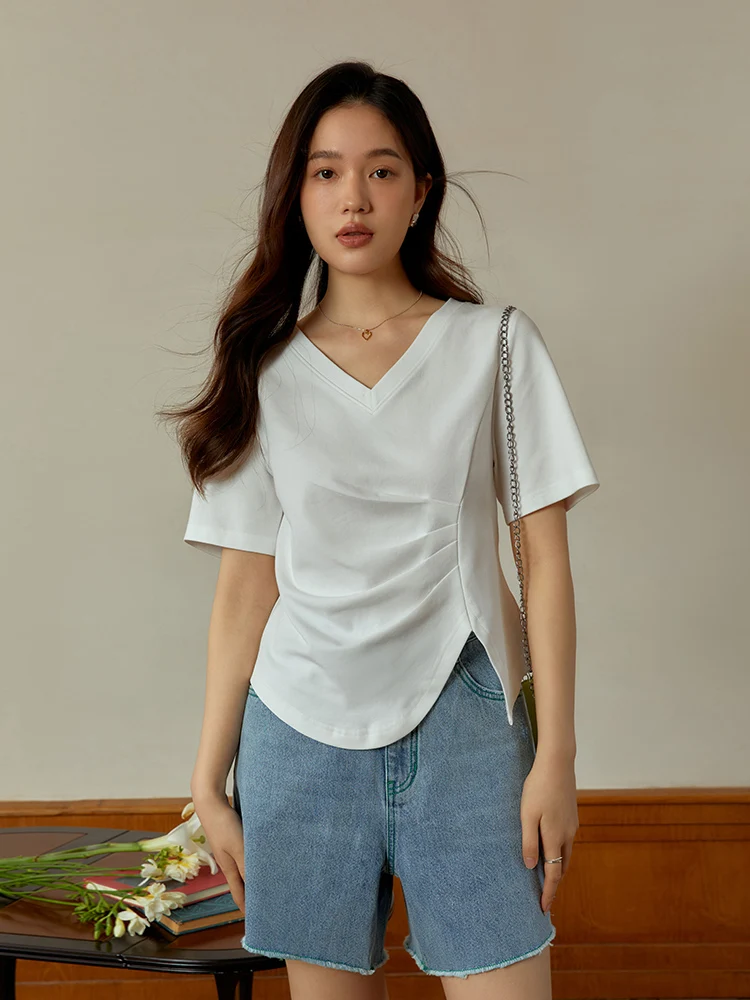 Irregular V-neck Pleated Shoulder Black T-shirt For Women's Summer 2023 New Basic White Top For Women -S778a994051e74267b301253d67243111G