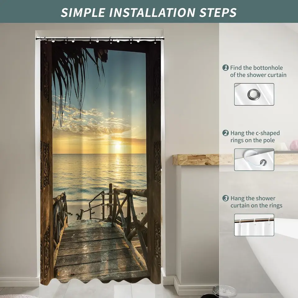 AMHNF Ocean Beach Shower Curtain - Tropical Seashell Starfish Sunset Coastal Bathroom Decor With Hooks