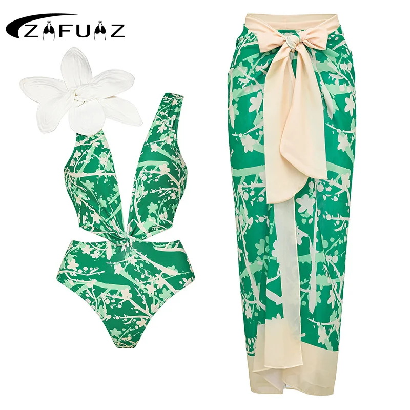 2024 New Arrival Push Up Women One Piece Swimsuit 3D Flower Printed Ruffle Bikinis Strappy Bandage Swimwear Brazilian Biquini