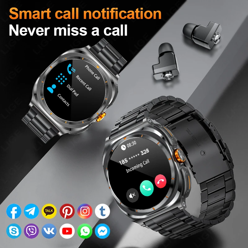 LIGE New 2 in 1 TWS Wireless Headset Smart Watch Bluetooth Call 1.53" AMOLED Screen 400mAh Battary Waterproof Sports Smartwatch 2