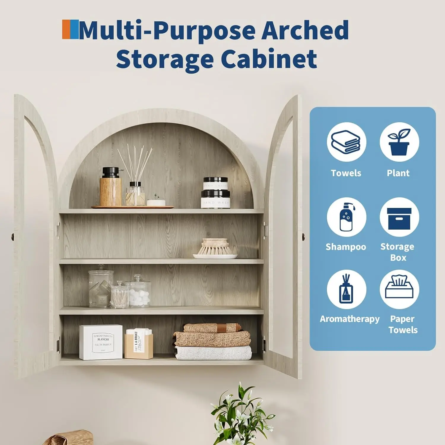 Arched Wall Cabinet with Doors & Adjustable Shelf, Modern Wood Medicine Cabinet, Wall Mounted Storage Cabinet