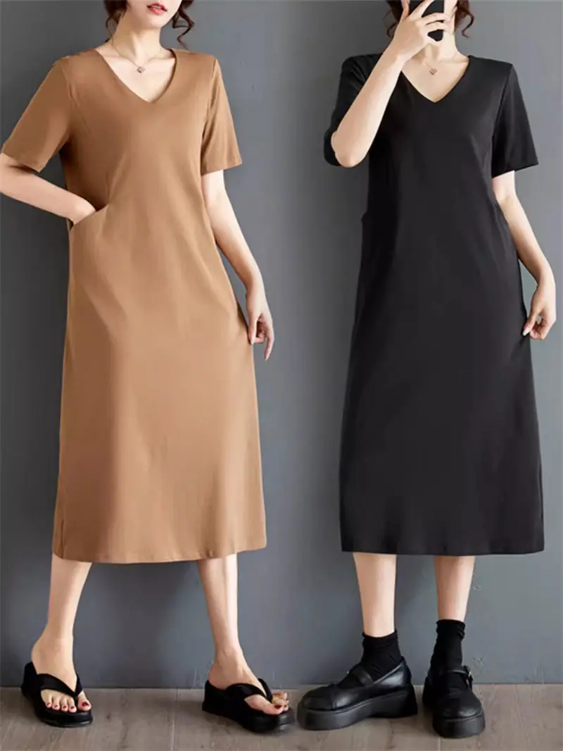 

Simple And Casual V-Neck Short Sleeve Pocket Design Dress For Women Large Size Solid Color Versatile Fashion Midi Dress K1406