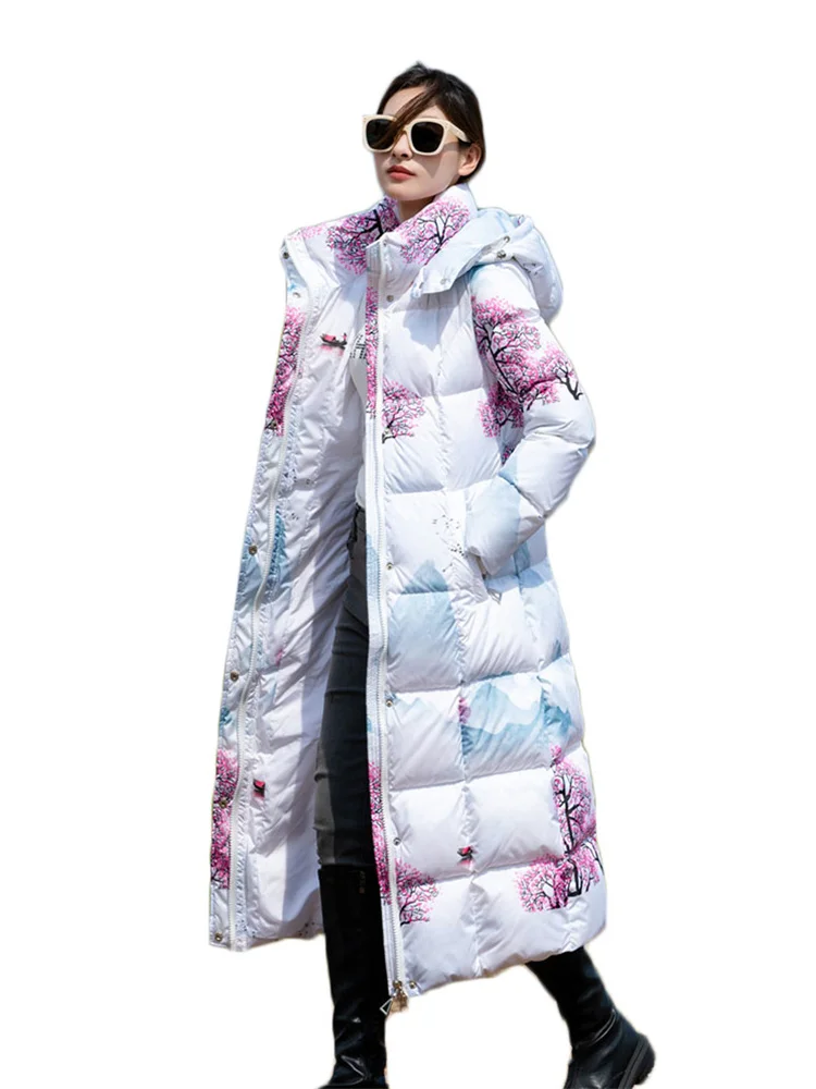 

Down Coat Women White Black Red Colorful Print Long White Duck Down Coats 2023 Winter New Temperament Slim High Quality Clothing