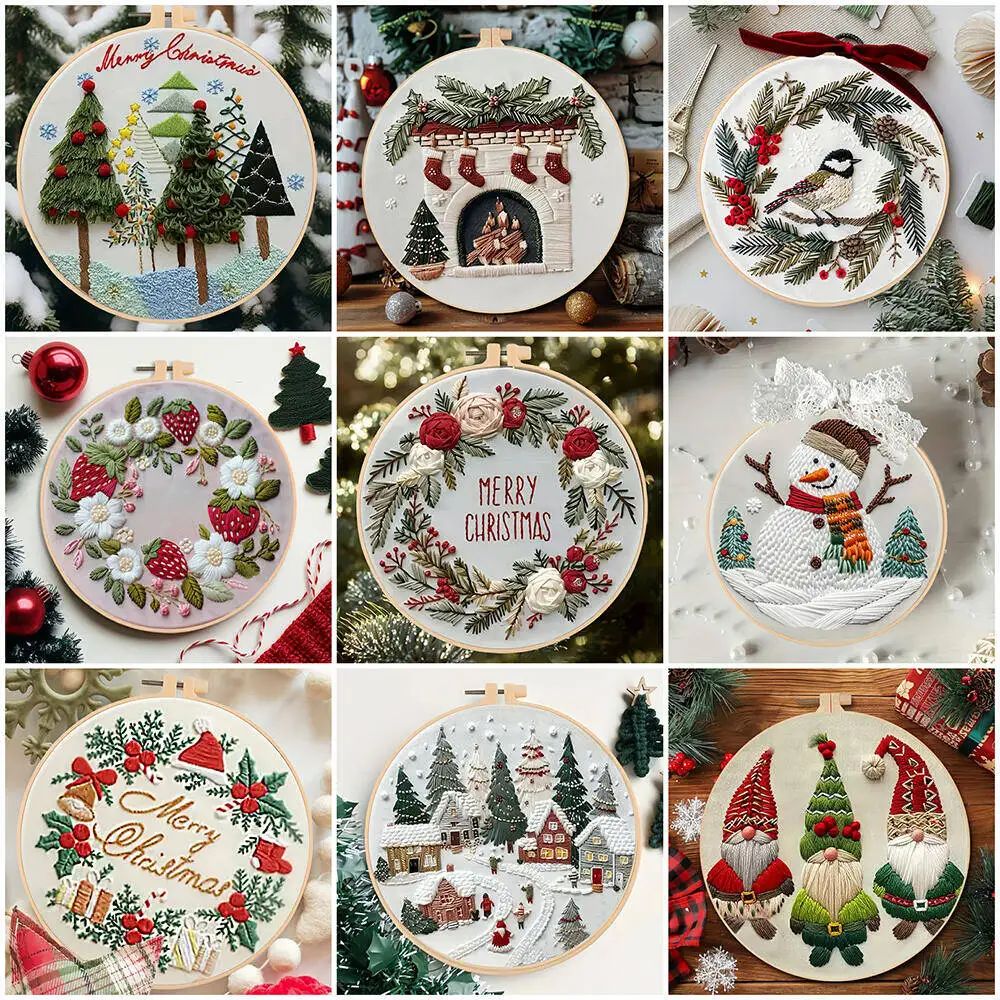 DIY Embroidery Christmas Tree Flower Wreath Winter Snow Cloth Hoop Threads Needles English Instructions Kit Handmade Gift