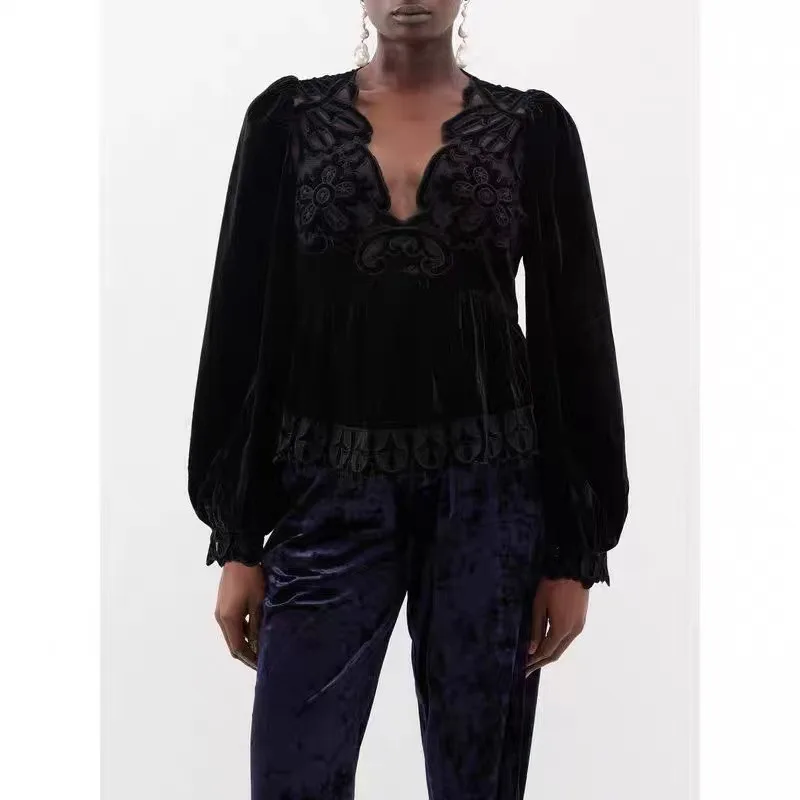 

Shirt For Women French Silk Trim Velvet Heavy Embroidery V-Neck Puff Sleeve 2024 New Spring Summer Luxury
