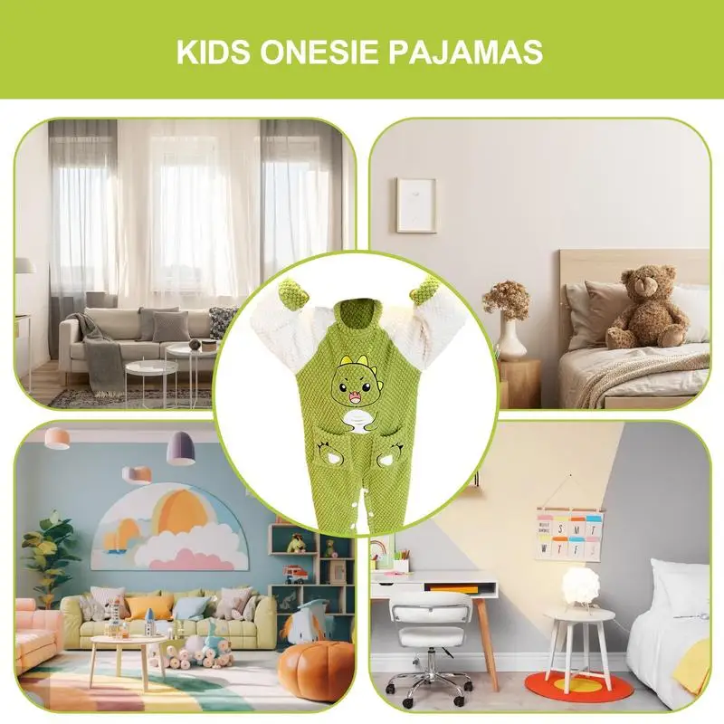 Children Onesie Pajamas Warm Sleepwear With Dinosaur Pattern And 2 Small Pockets Velvet Pajamas Home Clothes For Autumn And