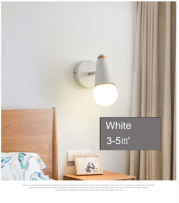 Description Picture 5 of itemModern Macaron Wall Lamp Iron Wood Mirror Light Bedside Bedroom Indoor Lighting E27 Light Bulb Retro LED Wall Light Nordic