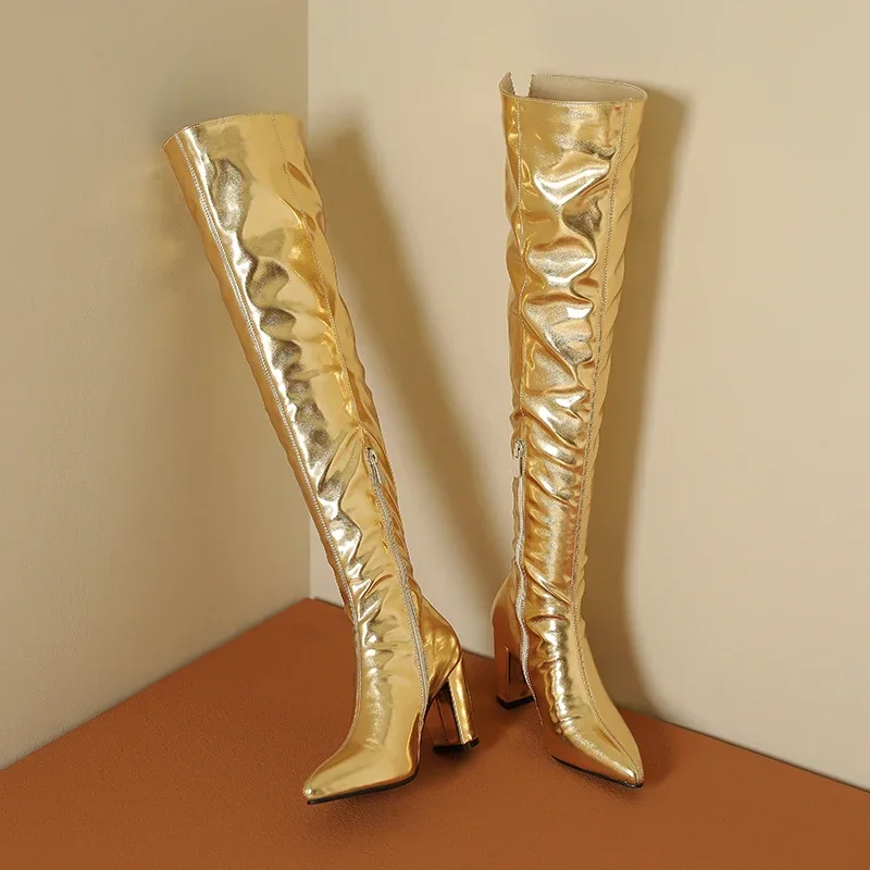 

Winter Plus Size 43 Sexy Thigh High Boots Long Over Knee Gold Silver Block High Heel Boot Womens Shoes Pointed Toe