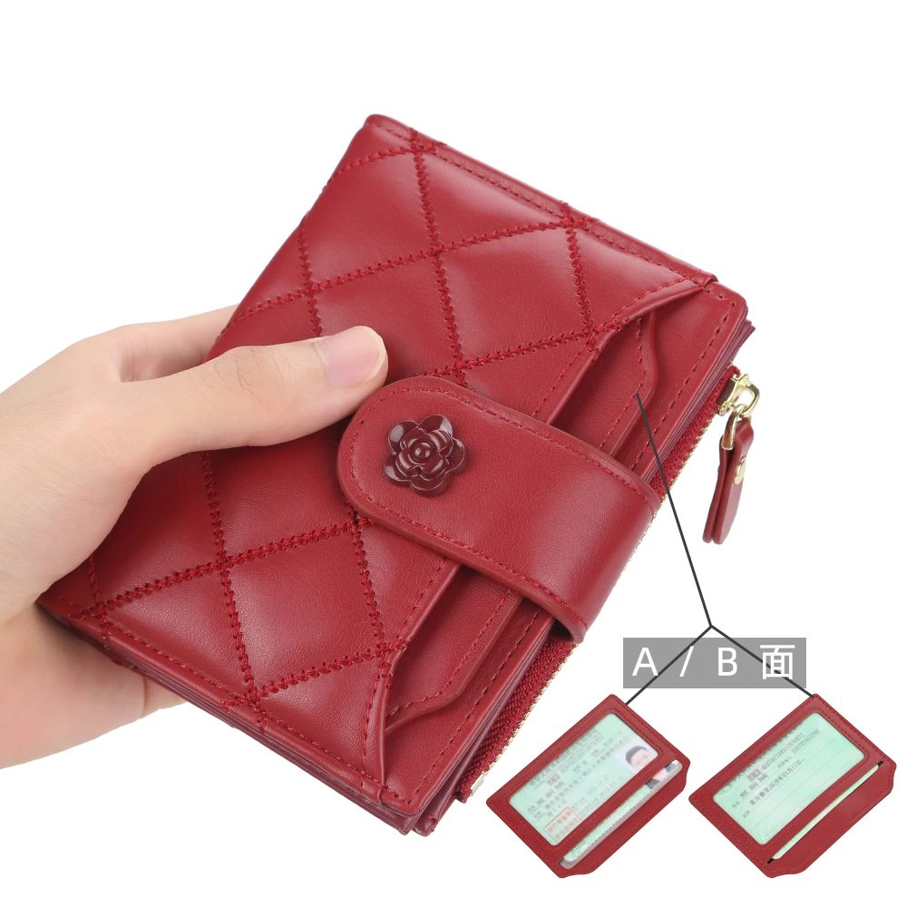 Fashion Leather Wallets for Women Plaid Short Zipper Coin Purse Gold Flower Womens Wallet Pink Card Holder Small Wallet for Girl 4
