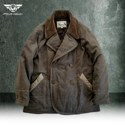 Oil Wax Parka Men Vintage Thickened Cotton Cargo Jacket Outdoor Waterproof Warm Coat Retro Solid Color Casual Lapel Cotton Tops