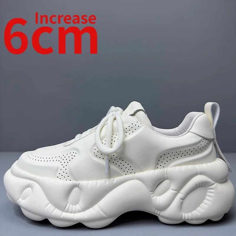 

European Trendy Shoes for Men Elevated Design Genuine Leather Thick Sole Bread Shoes Increase 6cm White Sports Dad's Shoes Men's