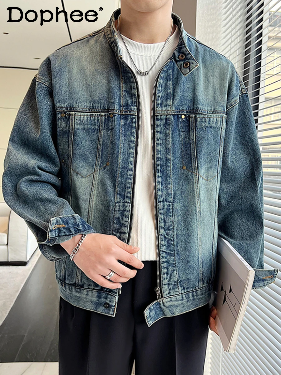 Workwear Stand Collar Long Sleeve Denim Jacket Men's 2024 Spring Autumn Denim Jackets Fashion Loose Comfort Trendy Short Jacket