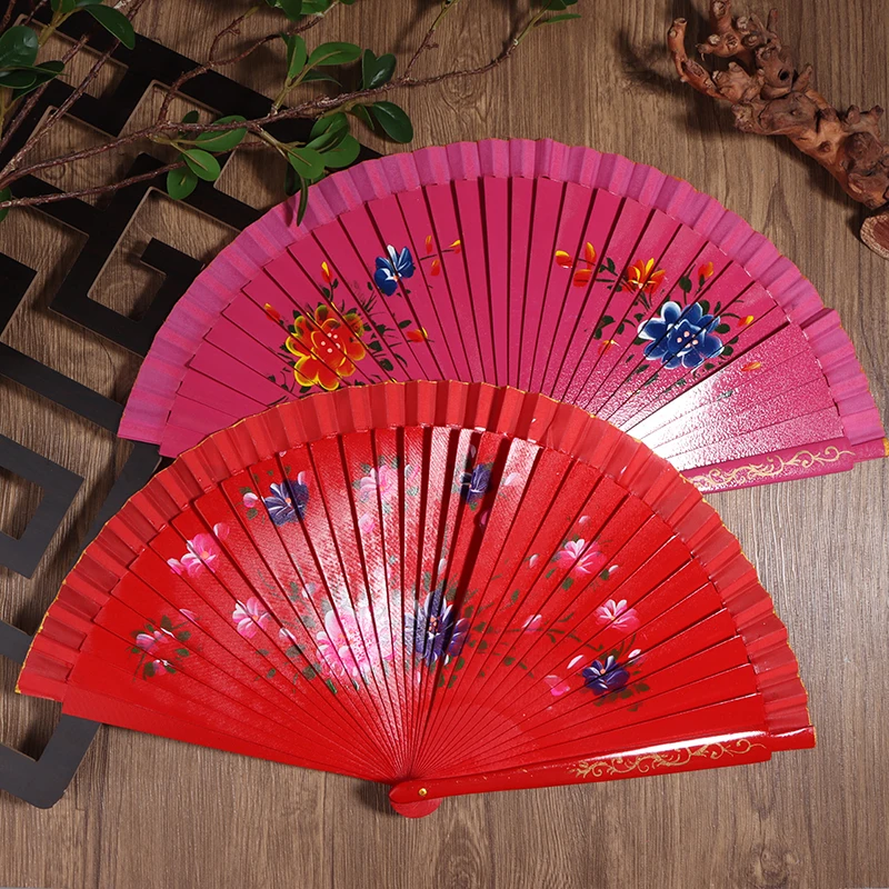 1PC Chinese Style Folding Fan Hollow Double-sided Craft Gift Dancing Printing Wood Spanish Hand Fan Party Supplies folding fan,hand fan,wooden hand fan