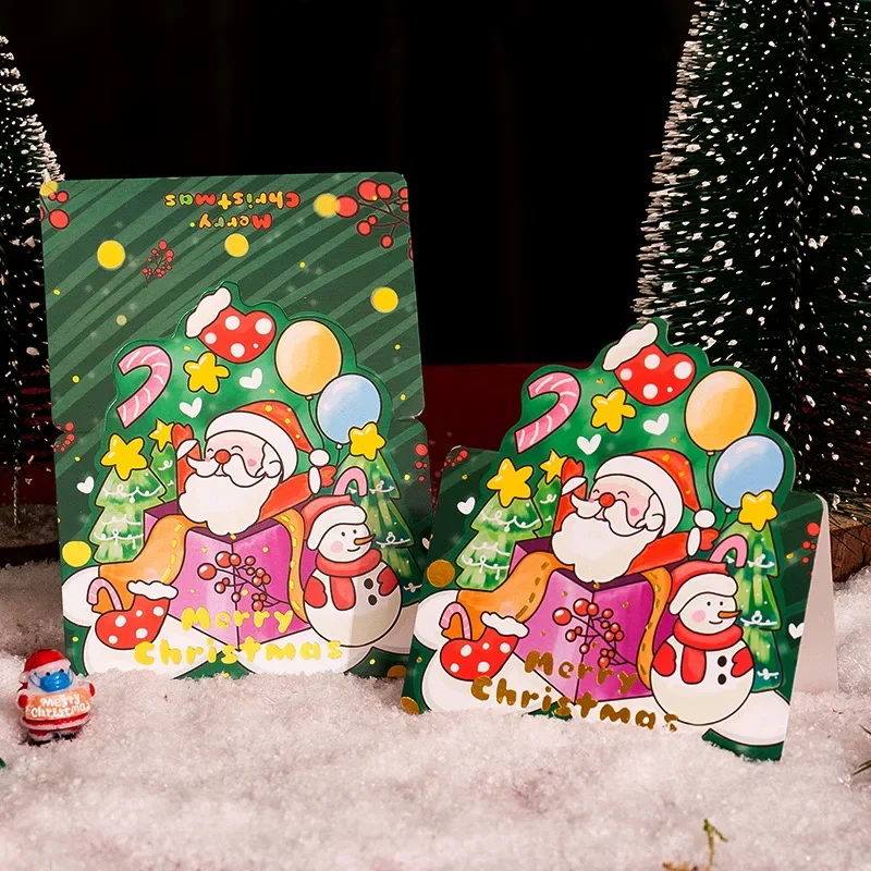 16pcs Cute Merry Christmas 3D Bronzing Paper Greeting Card Santa Claus Foldable Invitation Card for Christmas Theme Party Decor