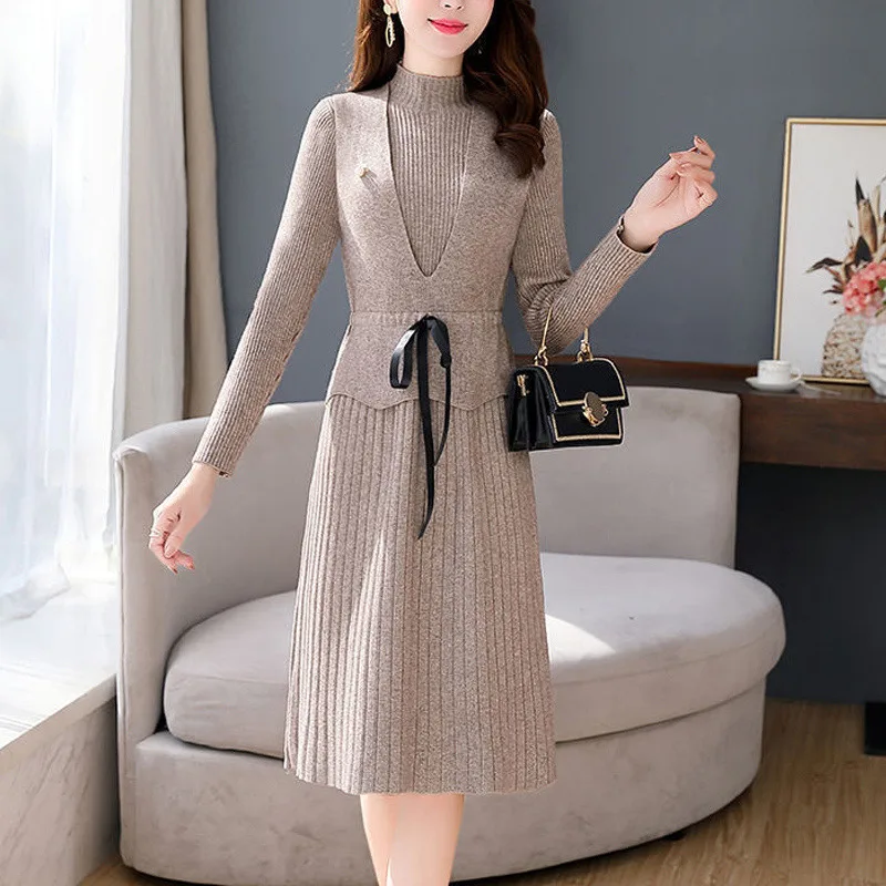 Autumn Winter Elegant Bow Knitted Sweater Vest Basic Dress Women's Fashion Slim Solid Long Sleeve Two Piece Sets Ladies Dresses