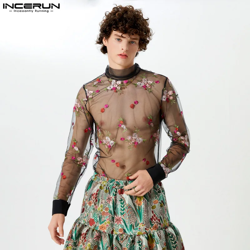 

INCERUN Men Shirt Mesh Stand Collar Lace Up Long Sleeve Embroidery Camisas 2024 Sexy Streetwear Transparent Fashion Men Clothing
