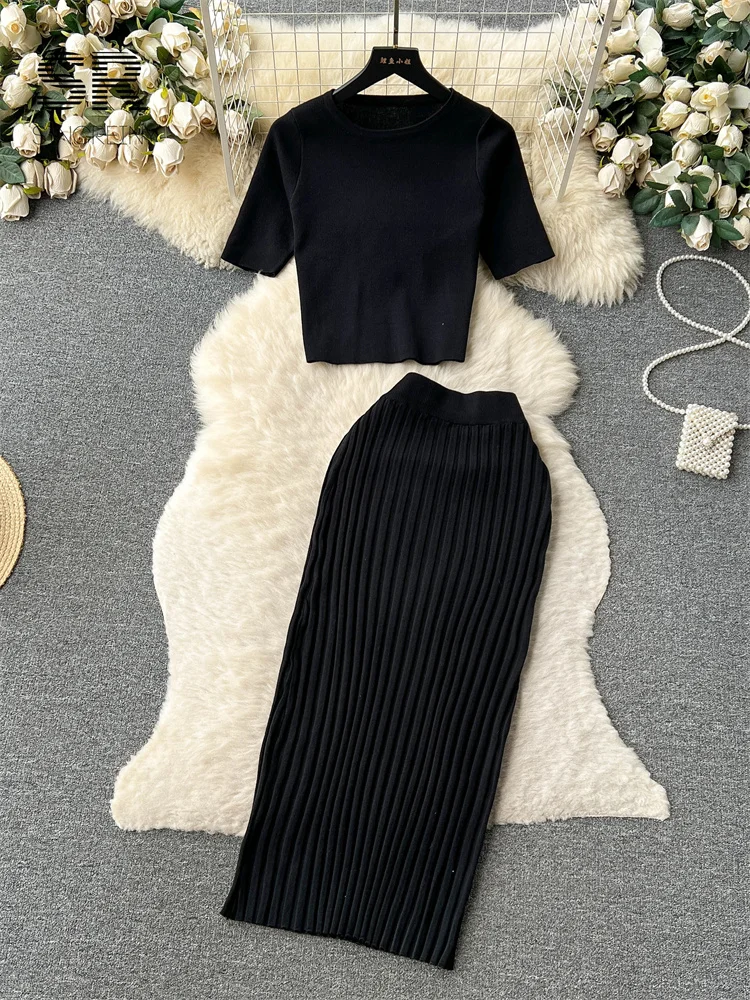 SINGREINY Casual Two Piece Sets Women Summer O Neck Top Elastic Waist Long Skirt Fashion Office Lady Korean Knit Suit - Image 5
