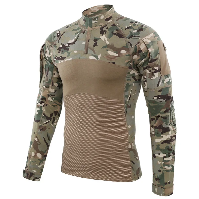 

2023 Spring and Autumn Standing Collar Long Sleeve Camo Panel Slim Fit T-shirt Frog Coat Elastic Fitness Sports Outdoor Top