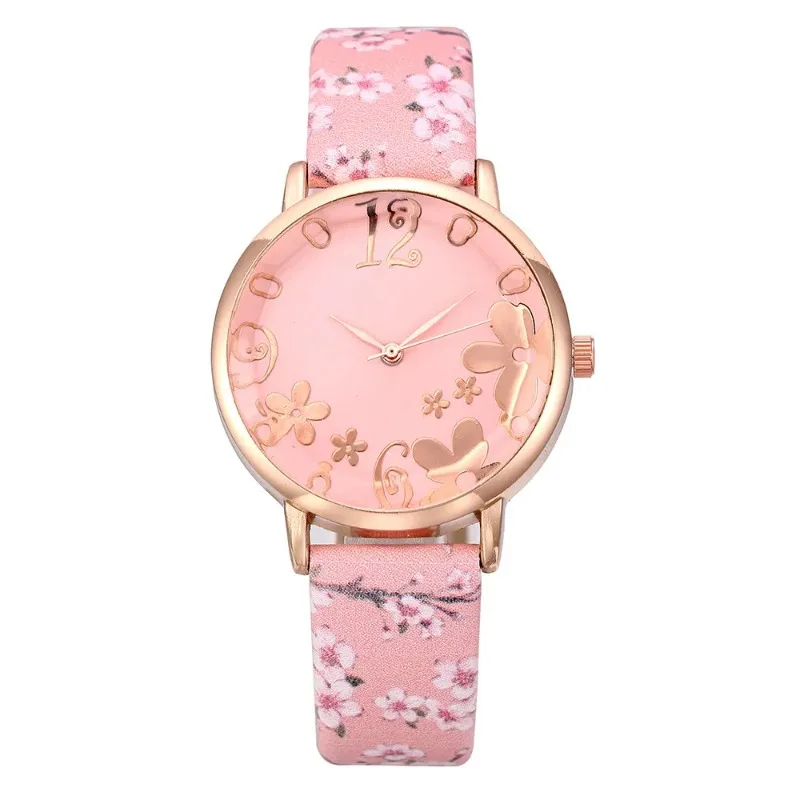 Fashion Trend Embossed Flowers Printed Dial Leather Belt Watch for Women Colorful Flowers Printed Belt Quartz Exquisite Watch