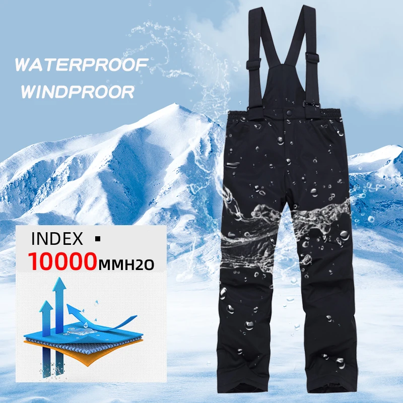 Ski Pants for Girls and Boy, Thicken Waterproof Bibs, Outdoor Sports, Snowboarding, Warm Trousers for Children and Teen, Winter