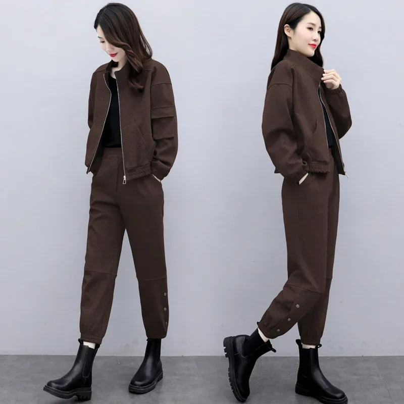 Casual Fashion Cargo Pants Suit for Women Autumn Age-reducing Sweatshirts Slimming 2pcs Coats Set Matching Stand Collar Jacket