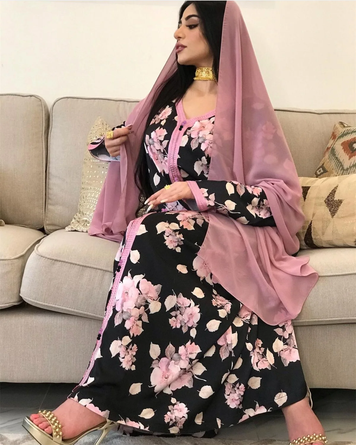 Modest Dress For Women Abaya Elegant Casual Floral Print Lace Tape V-Neck Party Long Dresses Ramadan 2023 Spring New