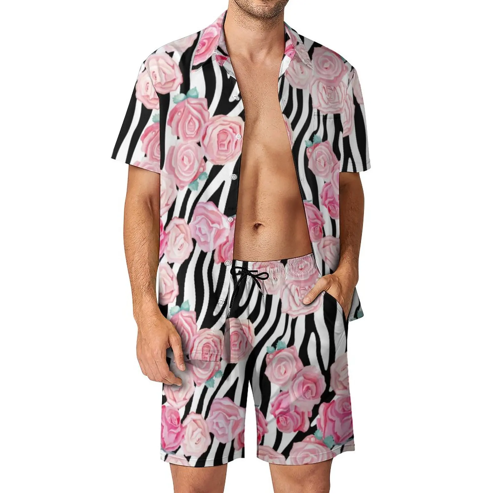 

Zebra Print Vacation Men Sets Pink Roses Casual Shirt Set Summer Pattern Shorts Two-piece Trendy Suit Plus Size 2XL 3XL