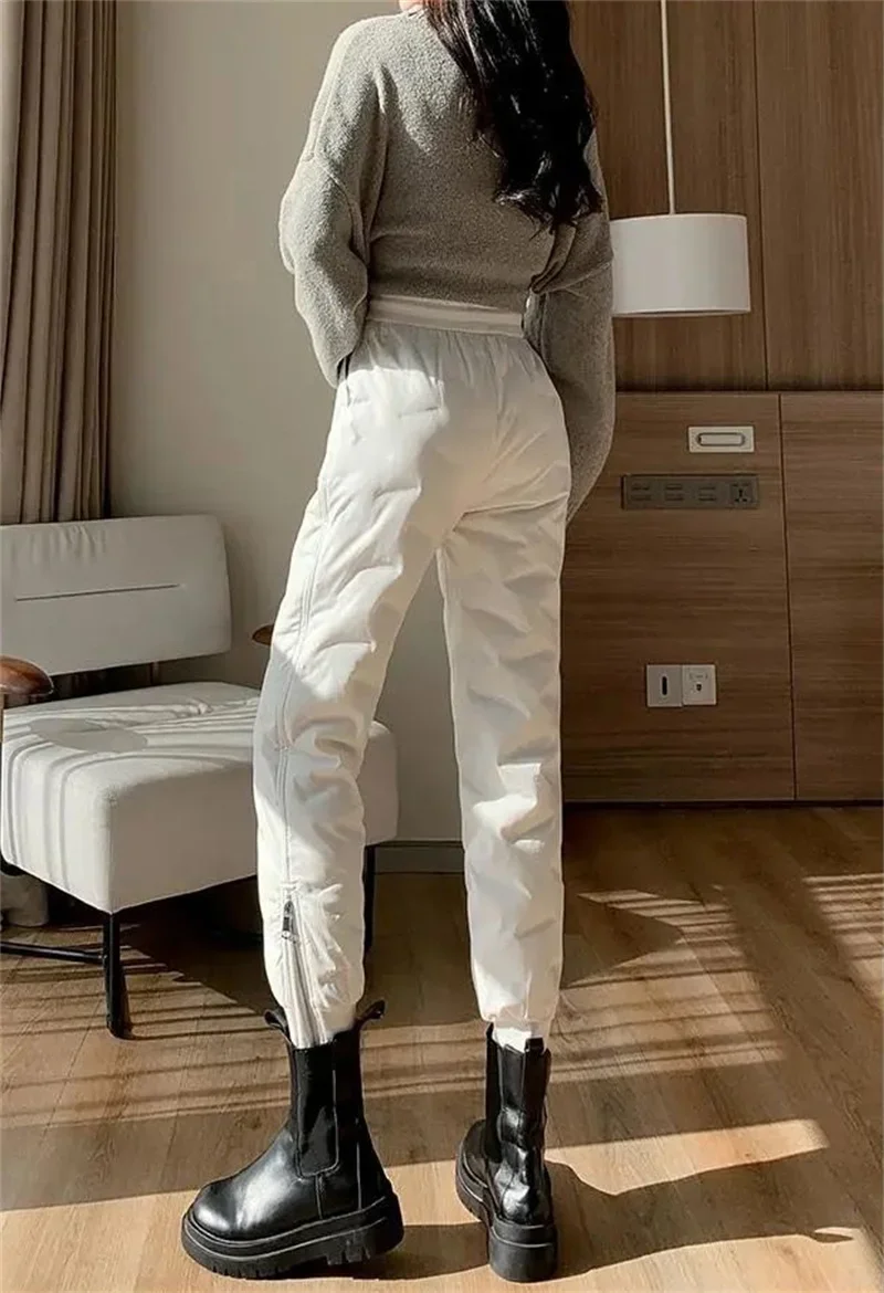 Warm Thicken Side Zip Down Cotton Straight Pant Casual Thick Winter Snow Wear Windproof Pantalones New Fluffy High Waist Spodnie