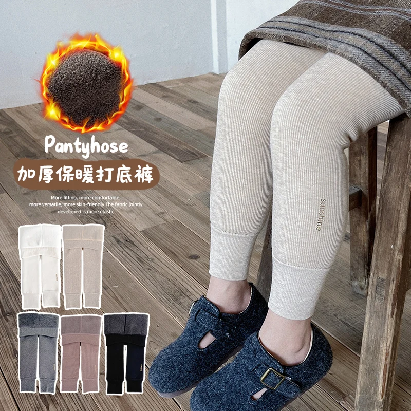 Princess Baby Girls Winter Thick Plush Fleece Vertical Stripe Tights Metallic Gold Print Leggings Warm Cotton Kids Cropped Pants 4