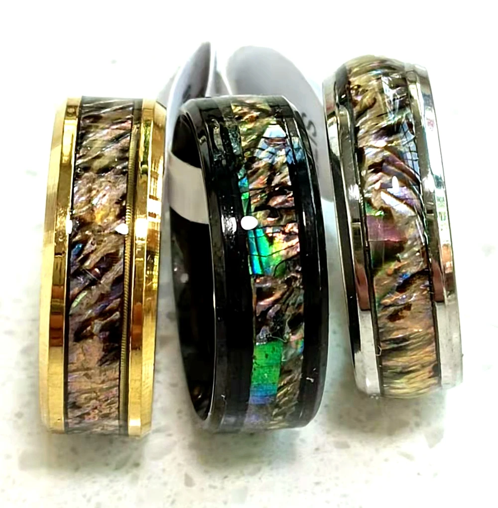 Wholesale 10 /20/50/100 pcs  8mm Band Abalone Shell 316L Stainless Steel Man Women Ring Fashion Jewelry 6