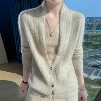Scarf Collar Women Cardigan Tops Autumn Winter New Chic 100% Merino Wool Sweater Graceful Woman Wool Sweater Elegant Soft Blouse 1