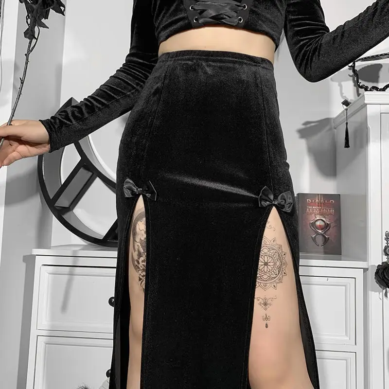 black maxi skirt Dark series skirt 2022 new design feeling minority bow Suede double-slit half-length skirt denim skirt