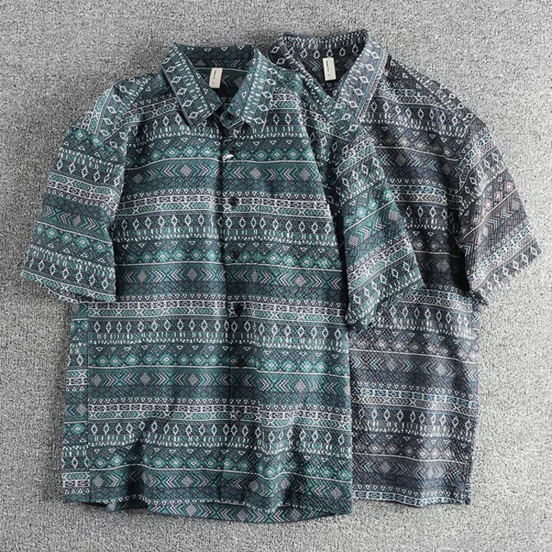 Trend retro national wind totem short sleeve shirt men's seersucker breathable comfortable loose casual half sleeve top