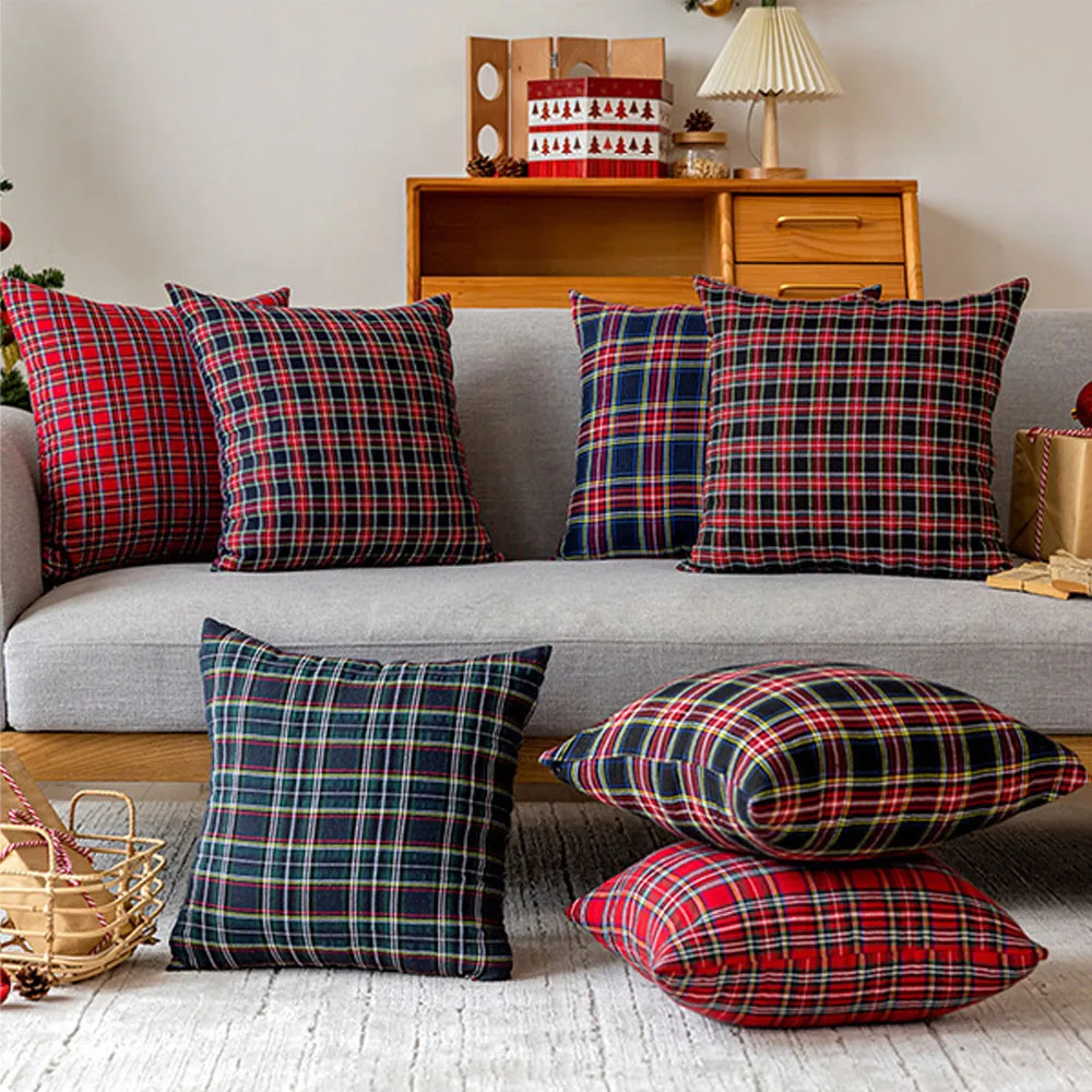 

Square Pillow Cases Christmas Scottish Tartan Plaid Cushion Covers Bed Sofa Pad Party Decor Snowflake Throw Pillow Cover