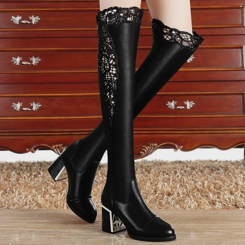 Women Embroidered Lace Knee Bare Boots Square High Heel Casual