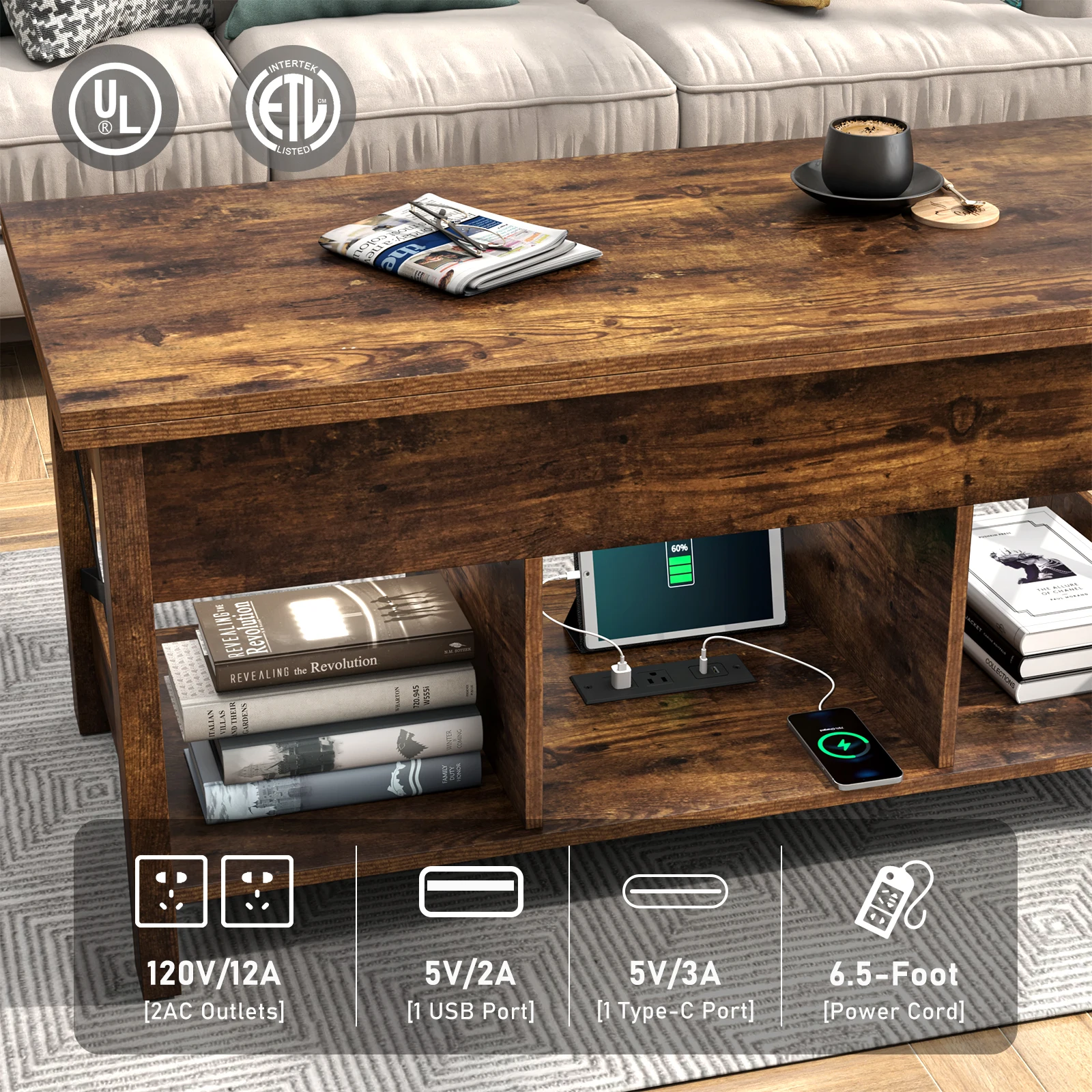 Multi-Functional lift top Coffee Table with Storage, living room rectangle center table with LED Lights & Charging Station