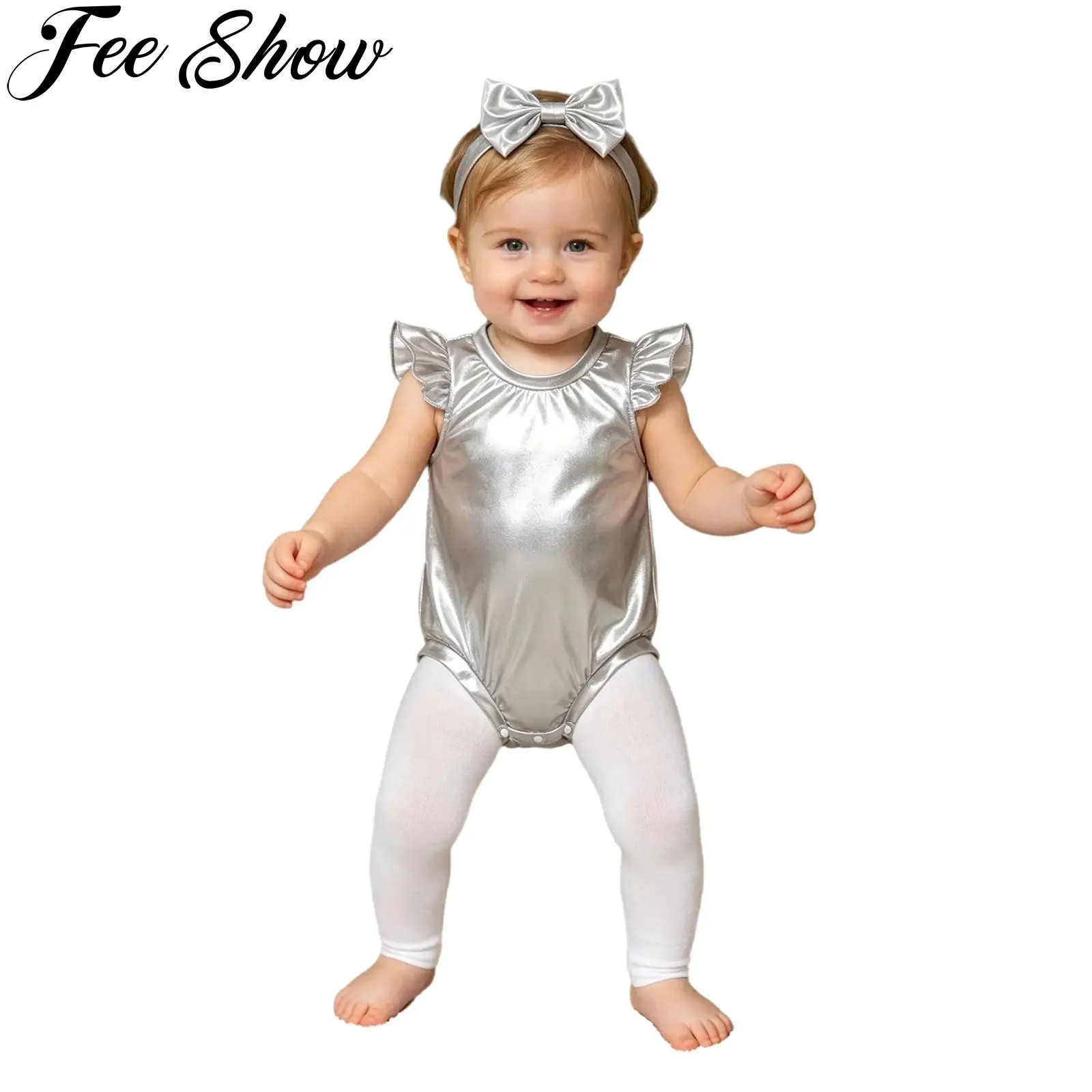 Abbigliamento per neonate, abiti per feste di compleanno, abiti per fotografia, maniche arricciate, tutina metallizzata lucida con fascia per capelli con fiocco, 0-24 mesi