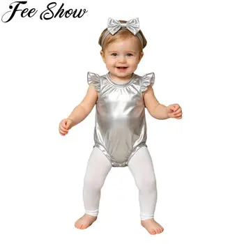 Abbigliamento per neonate, abiti per feste di compleanno, abiti per fotografia, maniche arricciate, tutina metallizzata lucida con fascia per capelli con fiocco, 0-24 mesi