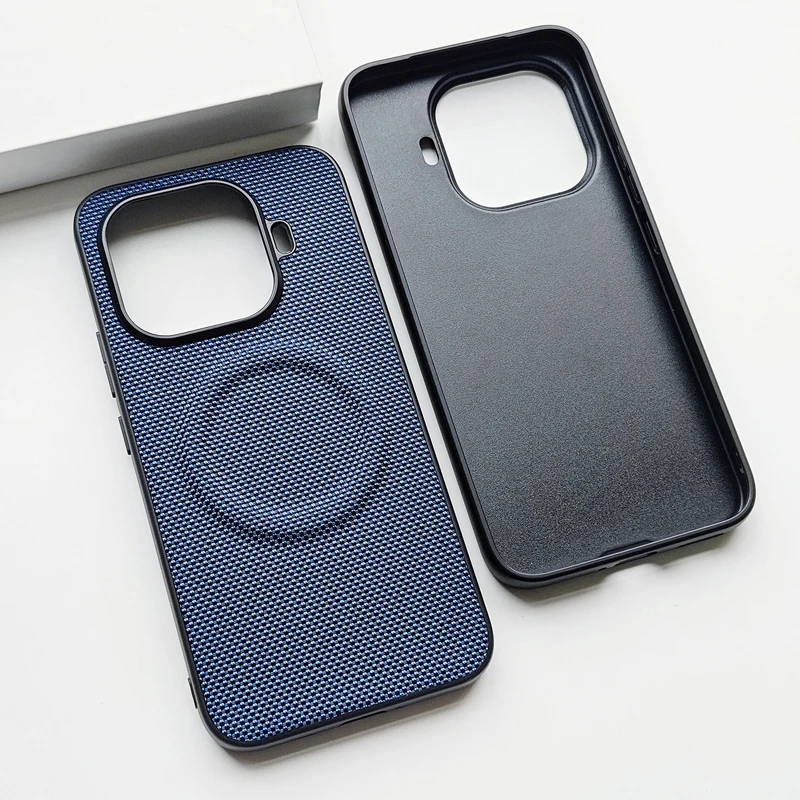 Luxury Magnetic Leather Back Case with Soft TPU & Nylon Woven Finish - Anti-Fingerprint Cover