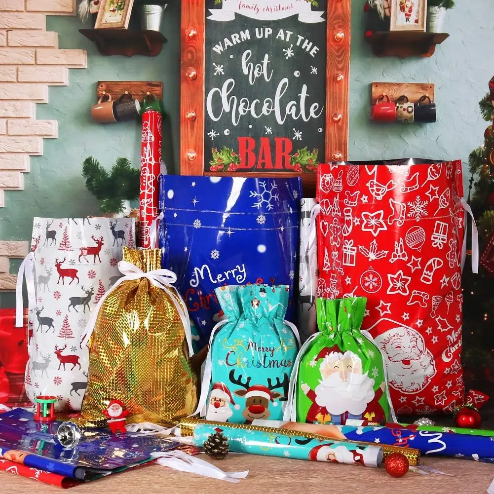 Holiday Drawstring Gift Bags, 30pcs Christmas Foil Gift Wrapping Sacks Pouches for Xmas Presents Party Favor (Large Medium Small