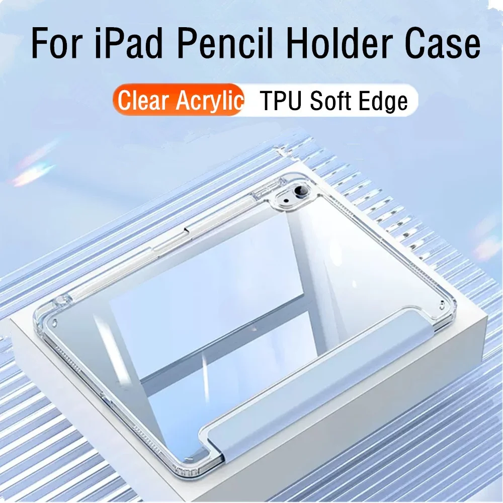 

For iPad 9th Generation 2021 mini 6 Acrylic Case with Pencil Holder for iPad 10 10.9 Pro 11 air 5 4 Pro 11 inch Case Cover
