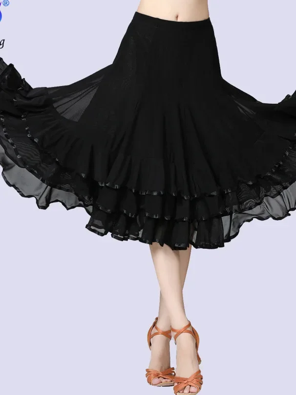 

New Style Ballroom Dance Dress Gauze Swing Skirt Latin Dance Social Dance Practice Half Length Solid Ruffle Edge Skirt
