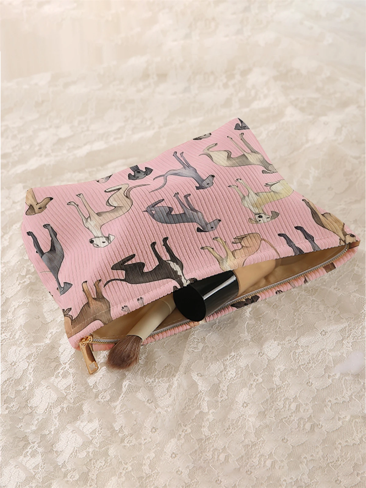 1 cartoon dog pattern printed corduroy makeup bag, lightweight zipper makeup storage box, multifunctional bag with lining