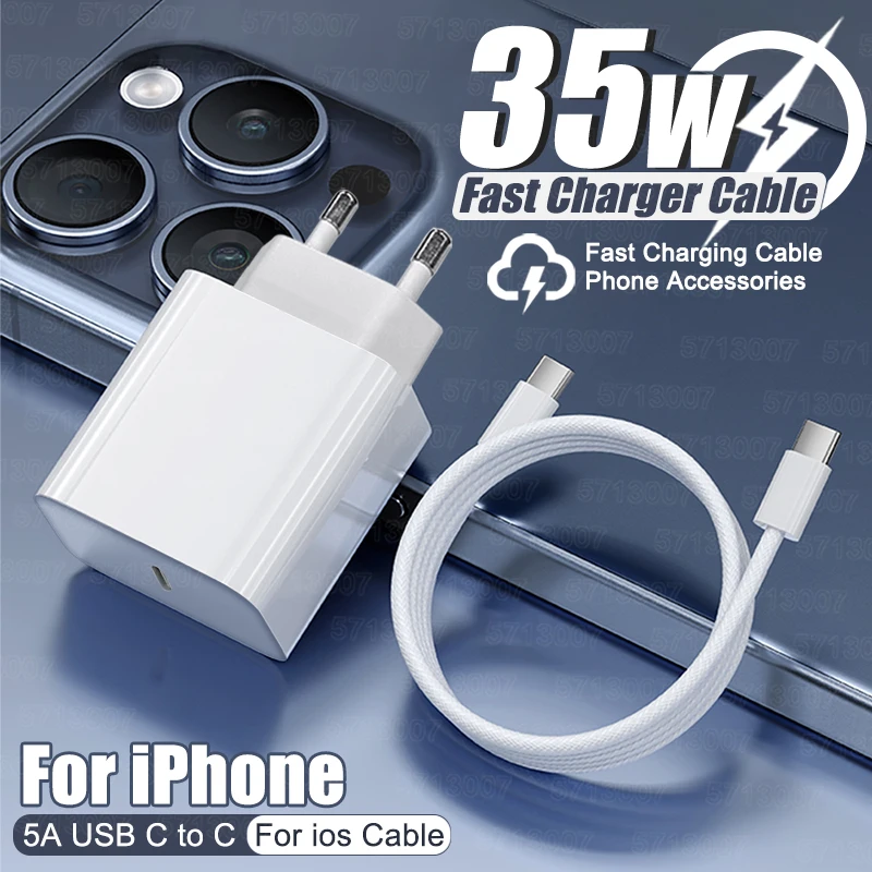 Carregador USB C PD de 35W com carregamento rápido para iPhone Pro Max Mini 7 8 Plus, cabo tipo C com carregamento rápido.