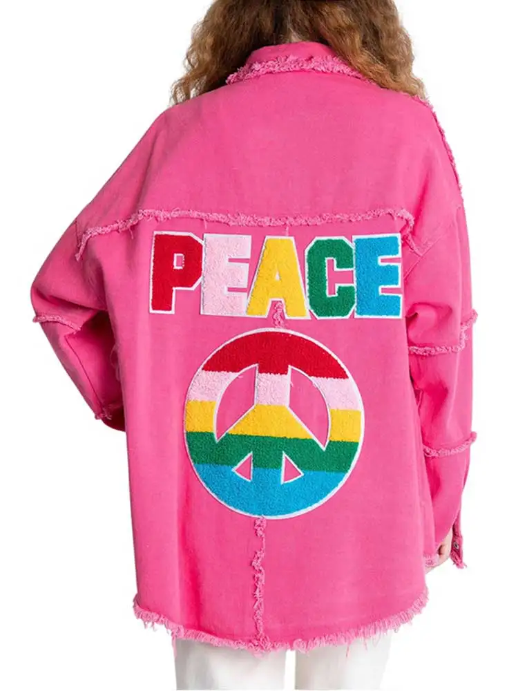 

Womens Oversized Rainbow Peace Sign Denim Shacket Trendy Casual Shirt Jacket Long Sleeve Jean Jacket Coat