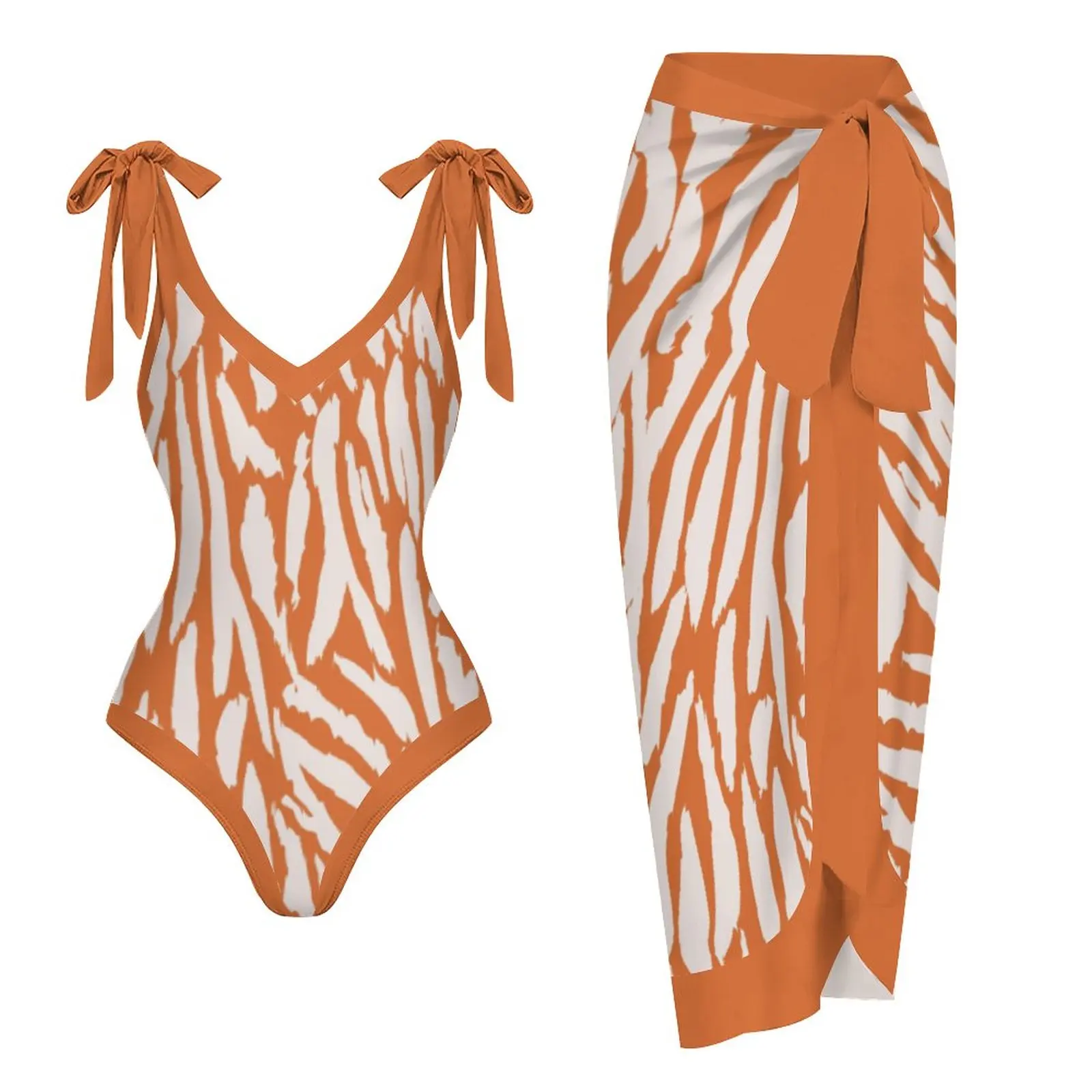 

Orange Striped Print One-Piece Bikini Women 2023v Neck Fashion Swimsuit Bow Strap Swimwear Suspenders Beachwear Summer Cover Up