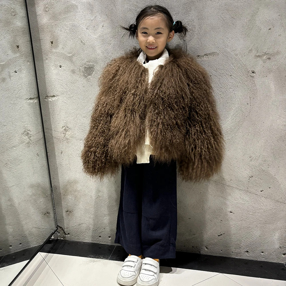 YOLOAgain Children's Jacket Girls Real Mongolia Sheep Fur Jacket