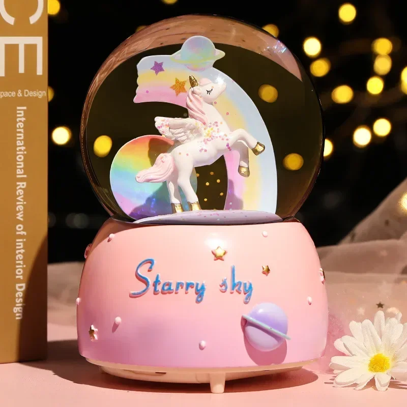 Dream Girl Unicorn Crystal Ball Music Box Crystal Snow Globe Music Box Light Wedding Lover Valentine's Day Girlfriend Gifts music box