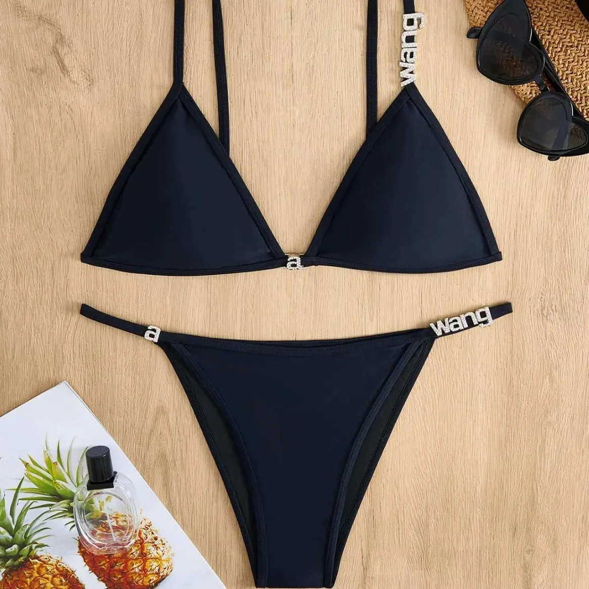 Sexy Ladies Bikini Set Pure Color Separate Diamond Triangle Package Cross-Border Swimsuit Women's Fashionable Swimwear